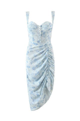 Flowing Floral Print Corset Bustier High Slit Midi Sundress - Blue