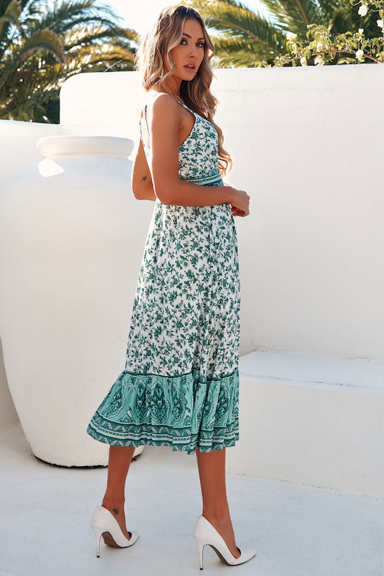 Flowy Button Front Floral Print V neck Midi Beach Vacation Dress - Green