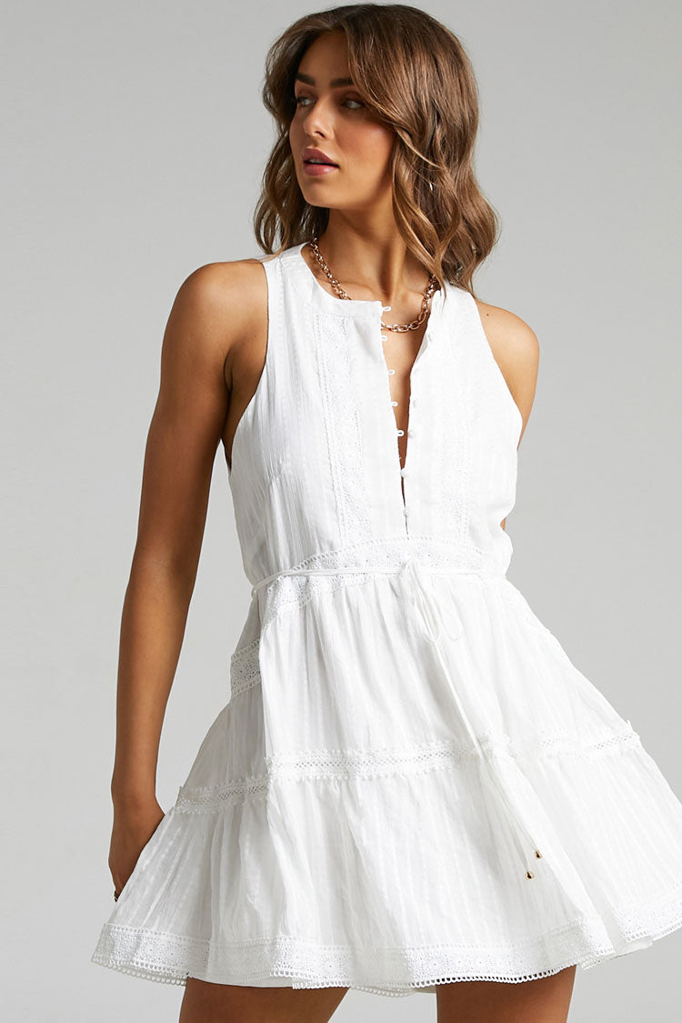 Flowy Button Up Sleeveless Summer Babydoll Mini Dress - White