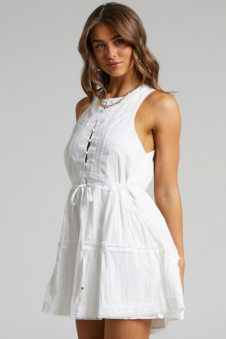 Flowy Button Up Sleeveless Summer Babydoll Mini Dress - White