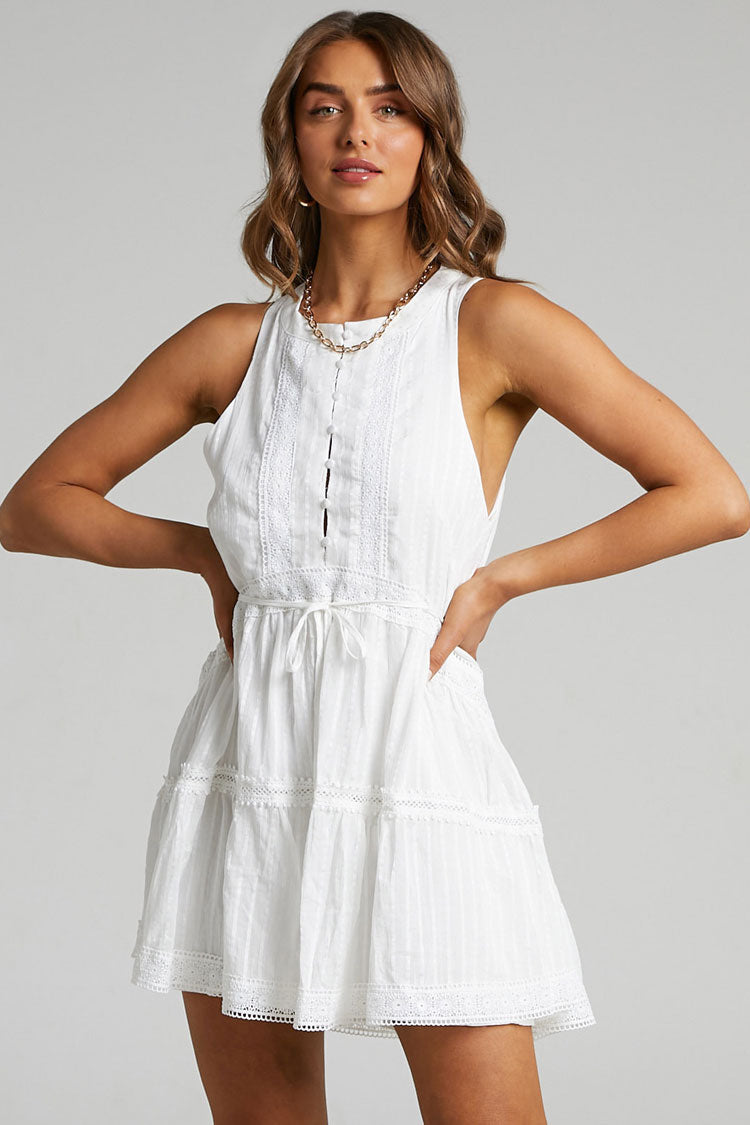 Flowy Button Up Sleeveless Summer Babydoll Mini Dress - White