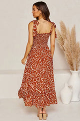 Flowy Leopard Print Tie Strap Maxi Beach Vacation Dress - Rust