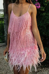Sexy Spaghetti Strap Sequin Tassel Feather Holiday Party Mini Dress