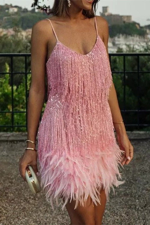 Sexy Spaghetti Strap Sequin Tassel Feather Holiday Party Mini Dress