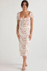 French Style Puff Sleeve Square Neck Smocked Floral Midi Dress - Pink