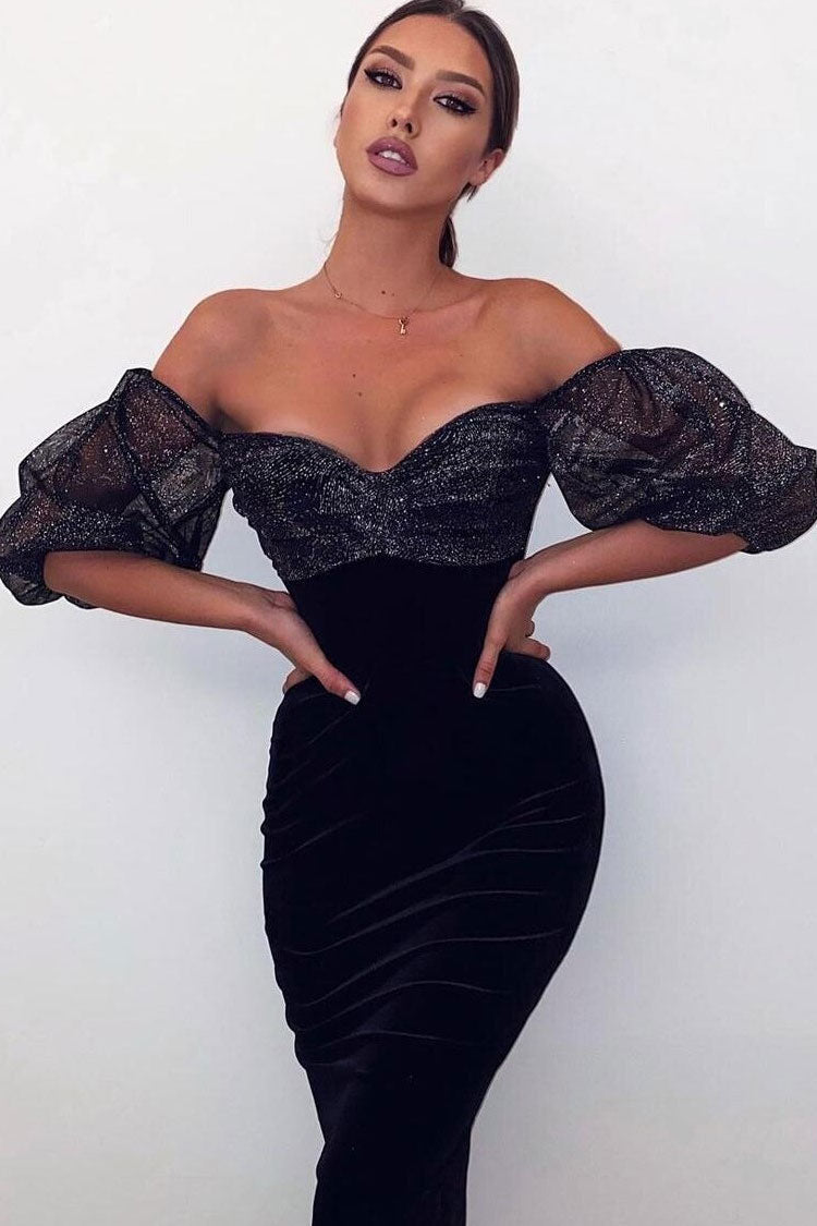 Glitter Off Shoulder Puff Sleeve Velvet Cocktail Party Midi Dress - Black