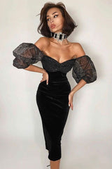 Glitter Off Shoulder Puff Sleeve Velvet Cocktail Party Midi Dress - Black