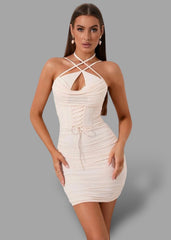 Cut Out Crisscross Front Ruched Mesh Bodycon Dress