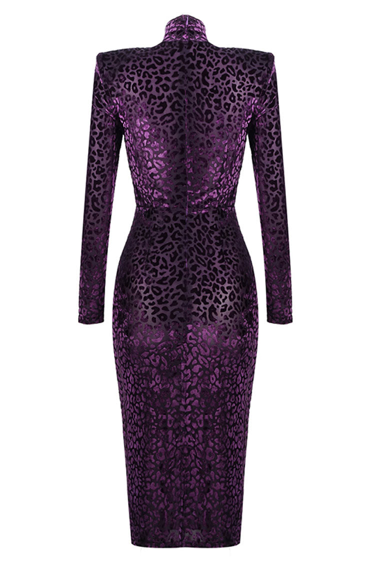 Luxury Leopard Turtleneck Long Sleeve Cocktail Party Midi Dress - Purple
