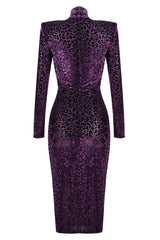 Luxury Leopard Turtleneck Long Sleeve Cocktail Party Midi Dress - Purple
