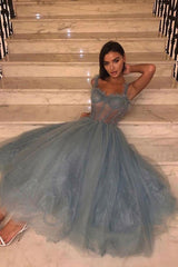 Dusty Blue Lace Midi Prom Dress