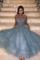 Dusty Blue Lace Midi Prom Dress
