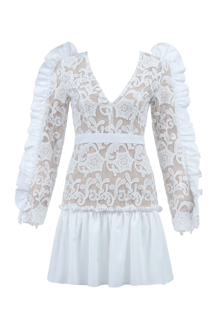 Ruffle Long Sleeve Floral Embroidered Mini Cocktail Party Dress - White