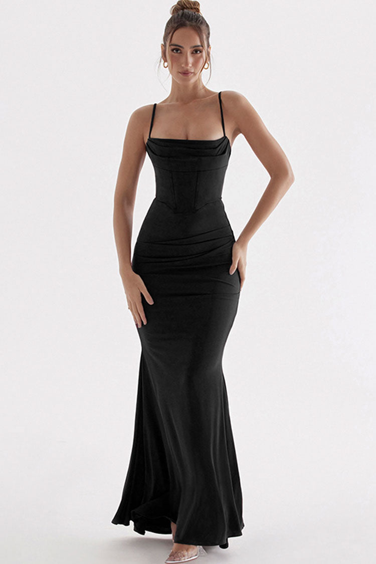 Sexy Square Neck Ruched Corset Fishtail Evening Maxi Dress - Black