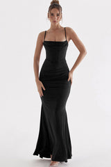 Sexy Square Neck Ruched Corset Fishtail Evening Maxi Dress - Black