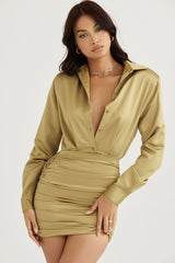 Silky Satin Long Sleeve Button Down Ruched  Mini Dress - Olive