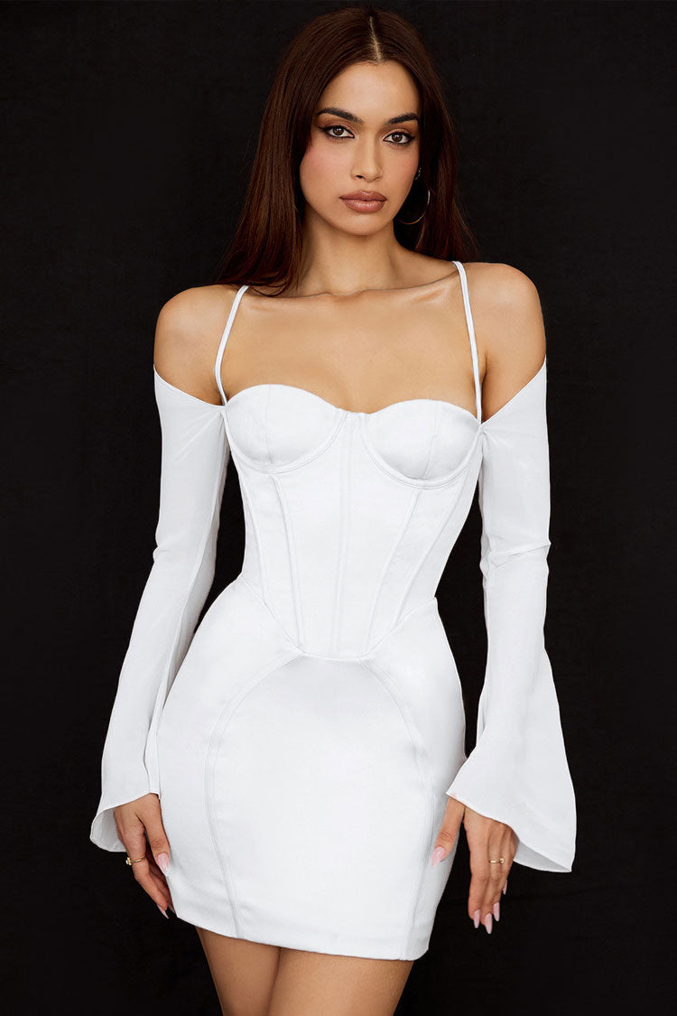 Silky Satin Off Shoulder Bodycon Corset Party Mini Dress - White