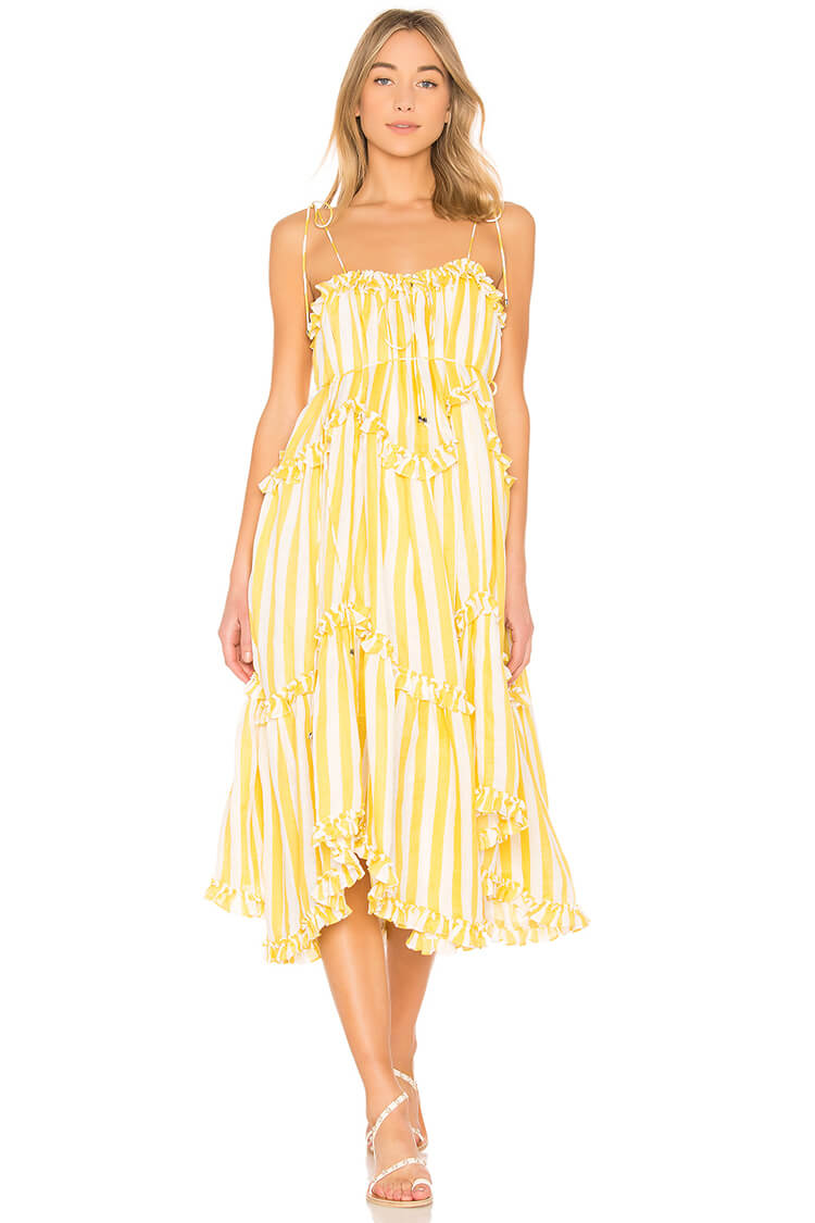 Striped Ruffle Spaghetti Strap Sleeveless Midi Dress - Yellow
