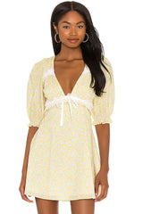 Sweet Daisy Printed Deep V Puff Sleeve Summer Mini Dress - Yellow