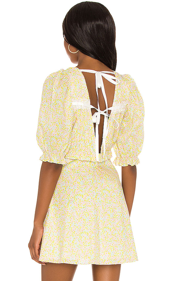 Sweet Daisy Printed Deep V Puff Sleeve Summer Mini Dress - Yellow