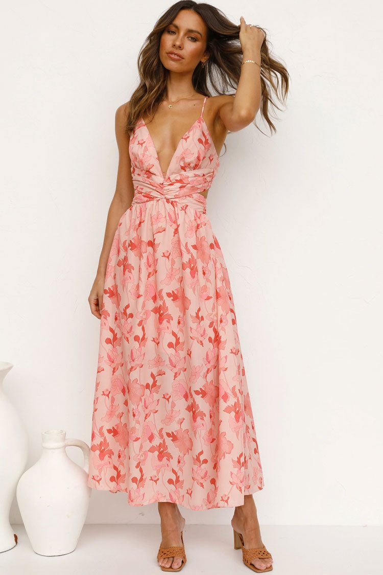 Sweet Floral Print Deep V Cutout Backless Slip Midi Dress - Pink