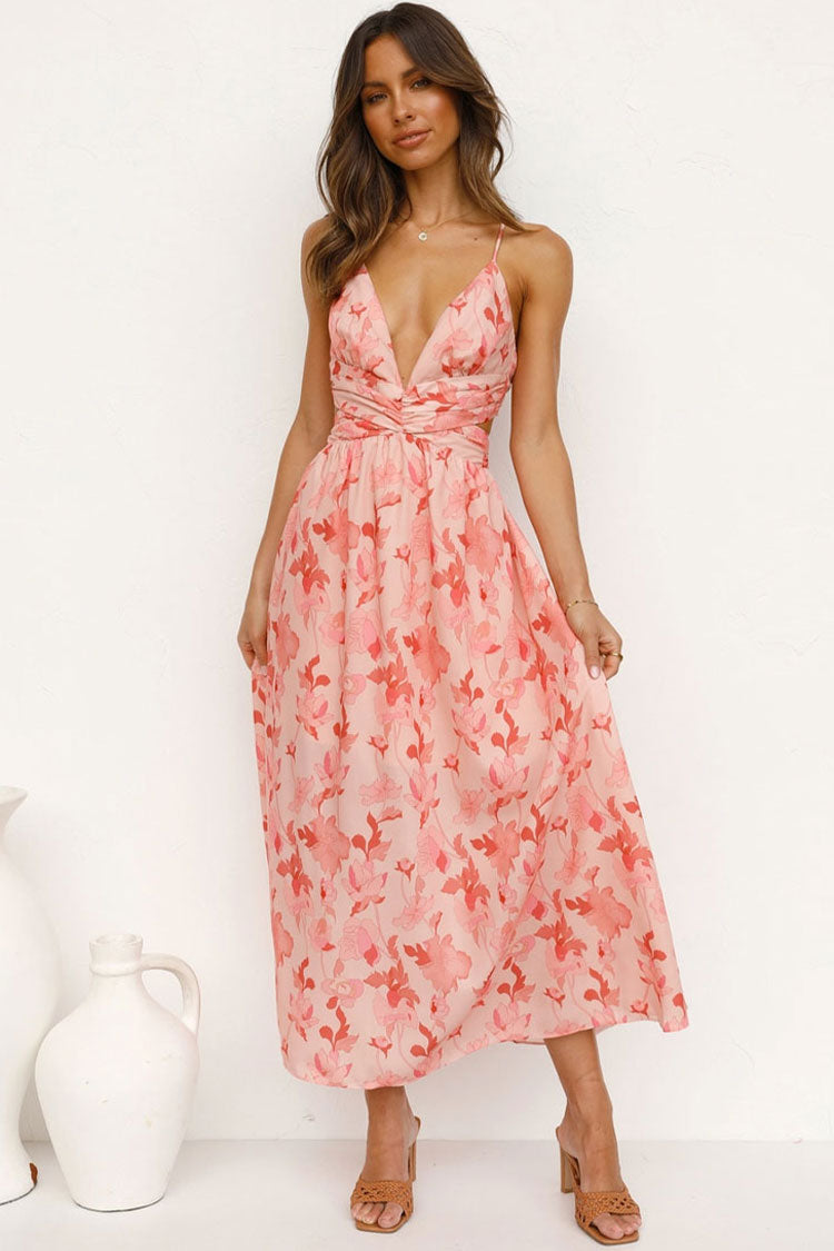 Sweet Floral Print Deep V Cutout Backless Slip Midi Dress - Pink