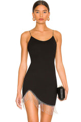 Swing Fringe Trim Spaghetti Strap Cocktail Party Mini Dress - Black