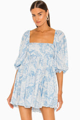 Swing Puff Sleeve Floral Print Babydoll Smock Mini Dress - Blue