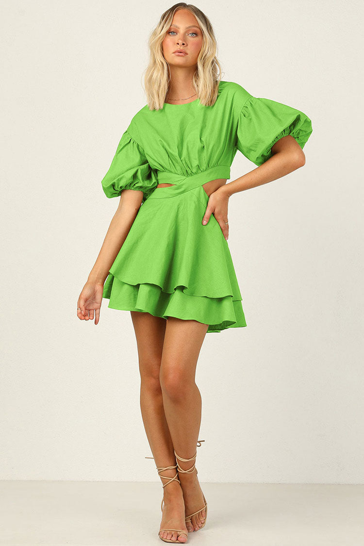 Swingy Puff Sleeve Cutout Ruffle Tiered A-Line Mini Dress - Green