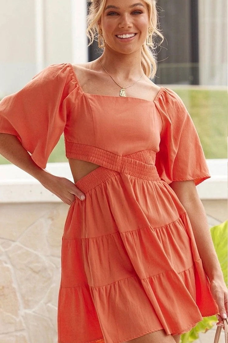 Swingy Smocked Cutout Summer Tiered Mini Sundress - Orange