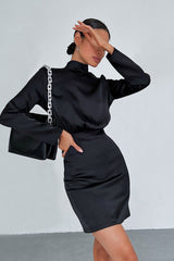 Tie Back Cutout Long Sleeve Satin Bodycon Mini Dress - Black