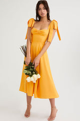 Tie Strap Fit & Flare High Slit Slip Midi Dress - Yellow – Rosedress