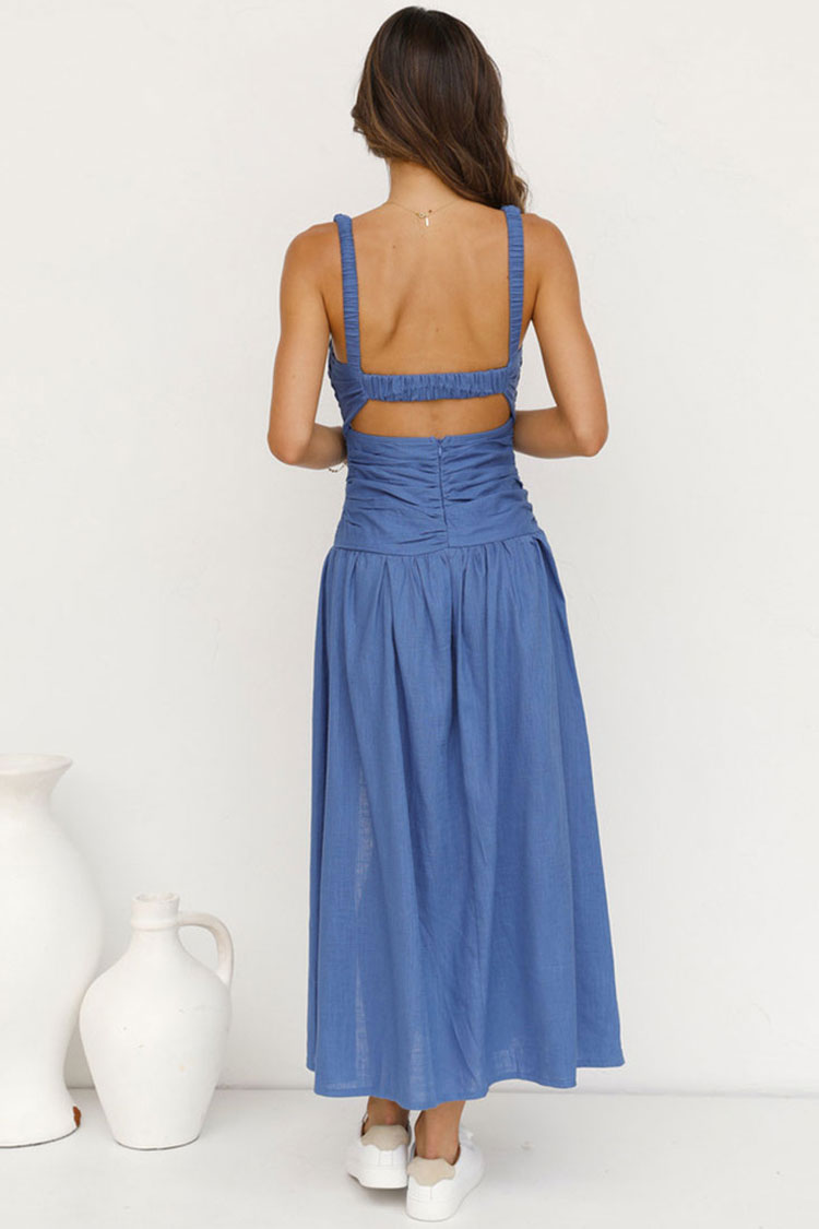 Twist Front Smocked Cutout High Slit Summer Midi Sundress - Blue