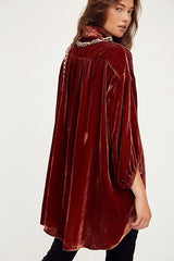 Vintage Bishop Sleeve Button Up Velvet High Low Dress - Rust