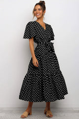 Vintage Polka Dot Belted Short Sleeve Ruffle Maxi Dress - Black