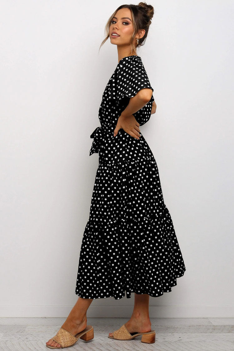 Vintage Polka Dot Belted Short Sleeve Ruffle Maxi Dress - Black