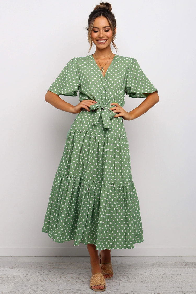 Vintage Polka Dot Belted Short Sleeve Ruffle Maxi Dress - Green