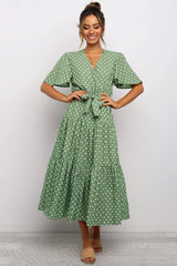 Vintage Polka Dot Belted Short Sleeve Ruffle Maxi Dress - Green