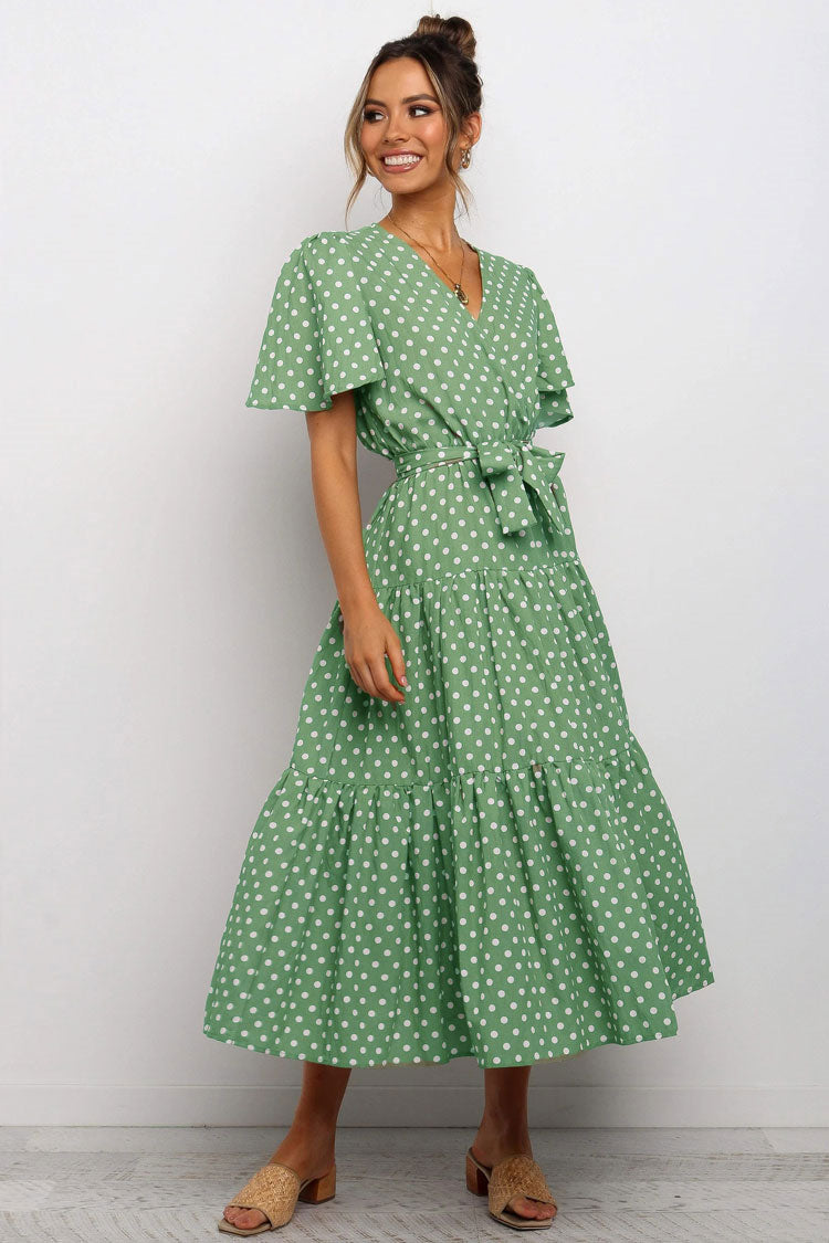 Vintage Polka Dot Belted Short Sleeve Ruffle Maxi Dress - Green