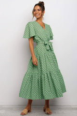Vintage Polka Dot Belted Short Sleeve Ruffle Maxi Dress - Green
