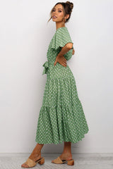 Vintage Polka Dot Belted Short Sleeve Ruffle Maxi Dress - Green