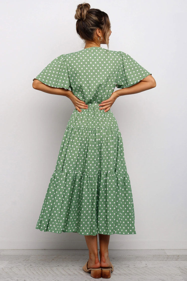 Vintage Polka Dot Belted Short Sleeve Ruffle Maxi Dress - Green