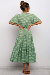 Vintage Polka Dot Belted Short Sleeve Ruffle Maxi Dress - Green