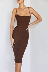 Vintage Square Neck Cami Shirred Cocktail Party Midi Dress - Brown
