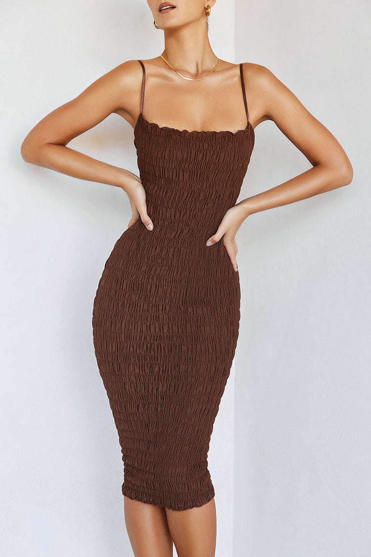 Vintage Square Neck Cami Shirred Cocktail Party Midi Dress - Brown