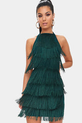Vintage Tiered Fringe Bodycon Halter Mini Flapper Dress - Emerald Green