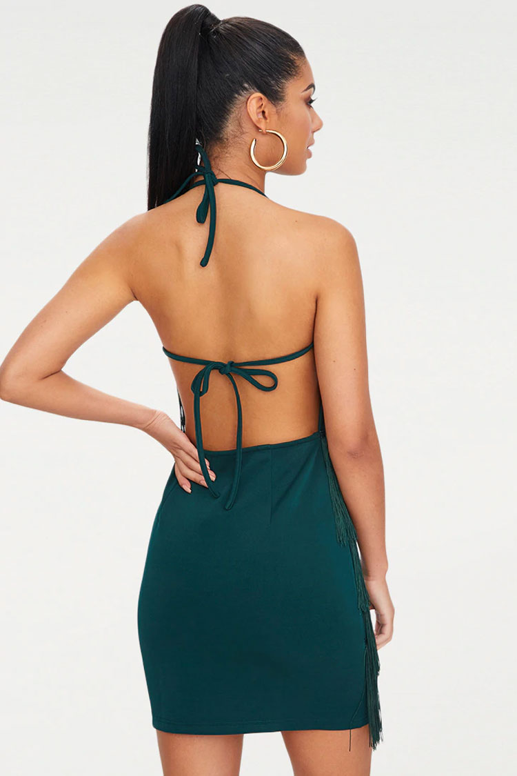 Vintage Tiered Fringe Bodycon Halter Mini Flapper Dress - Emerald Green