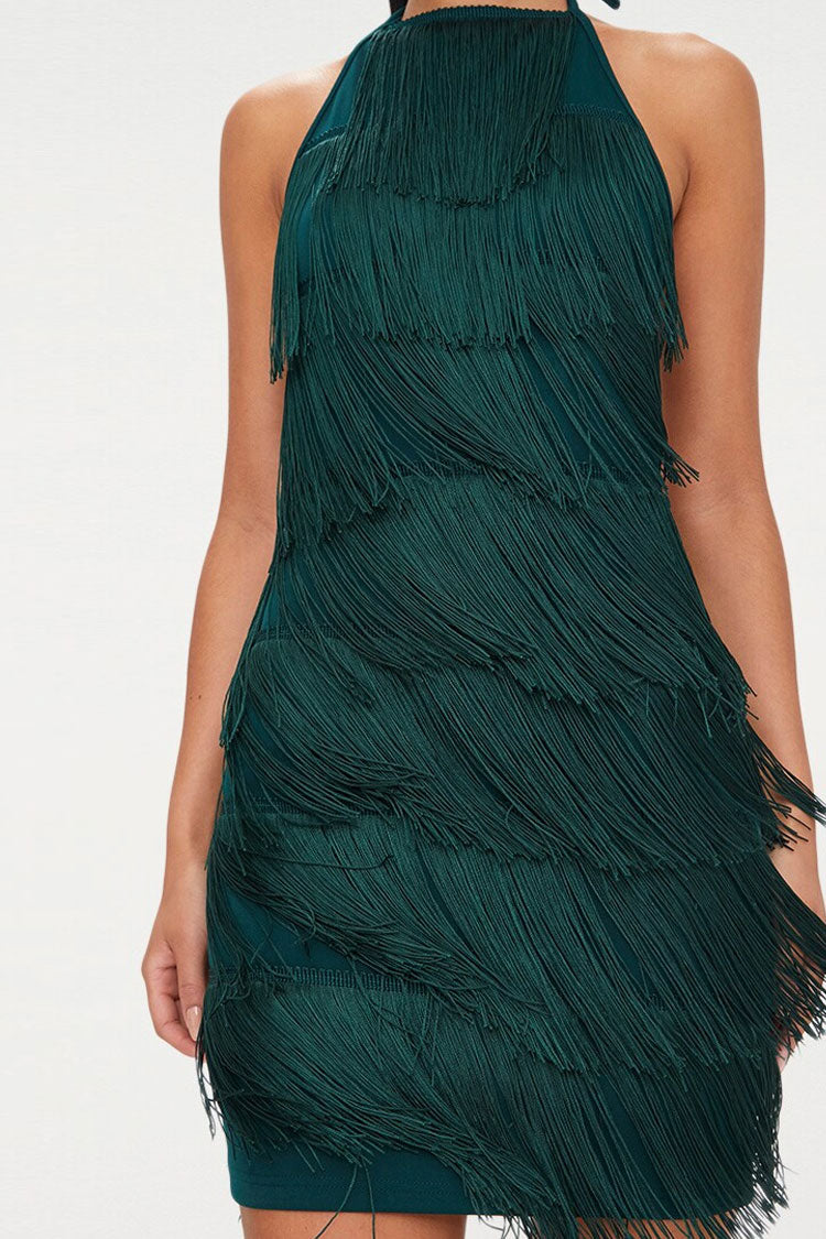 Vintage Tiered Fringe Bodycon Halter Mini Flapper Dress - Emerald Green
