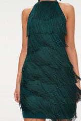 Vintage Tiered Fringe Bodycon Halter Mini Flapper Dress - Emerald Green