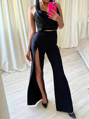 Casual Double Slit Wide Leg Pants